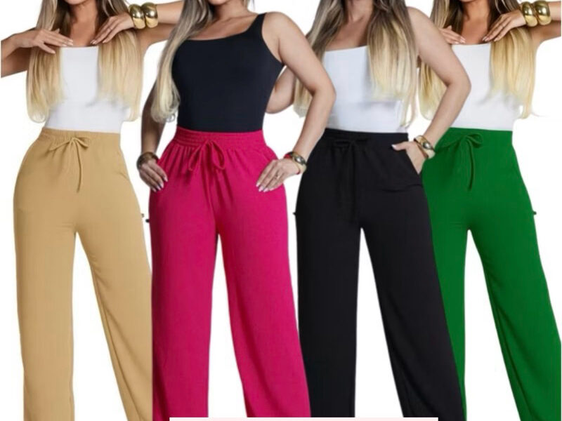 Calça Pantalona Feminina Alfaiataria Tecido Leve Cintura Alta Com Bolsos