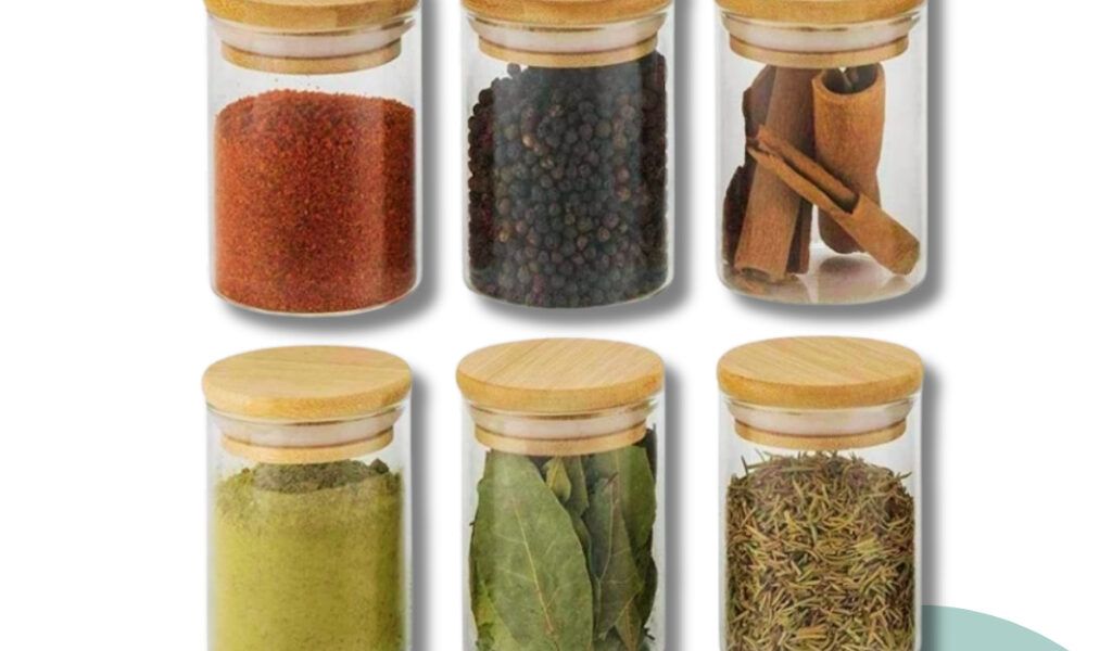 Kit 6 Pote De Vidro Porta Tempero Mantimentos Redondo Borossilicato Tampa De Bambu 210ml
