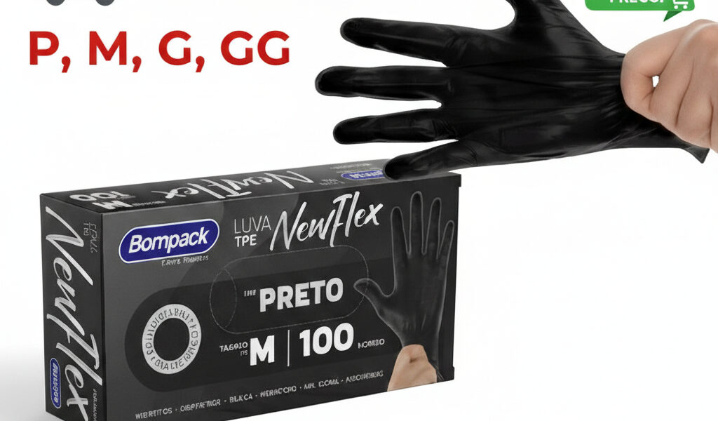 Luva Viniflex Preta Descartável Sem Pó TPE 100 Unidades | Alta Resistência Cuidado Limpeza Alimentos