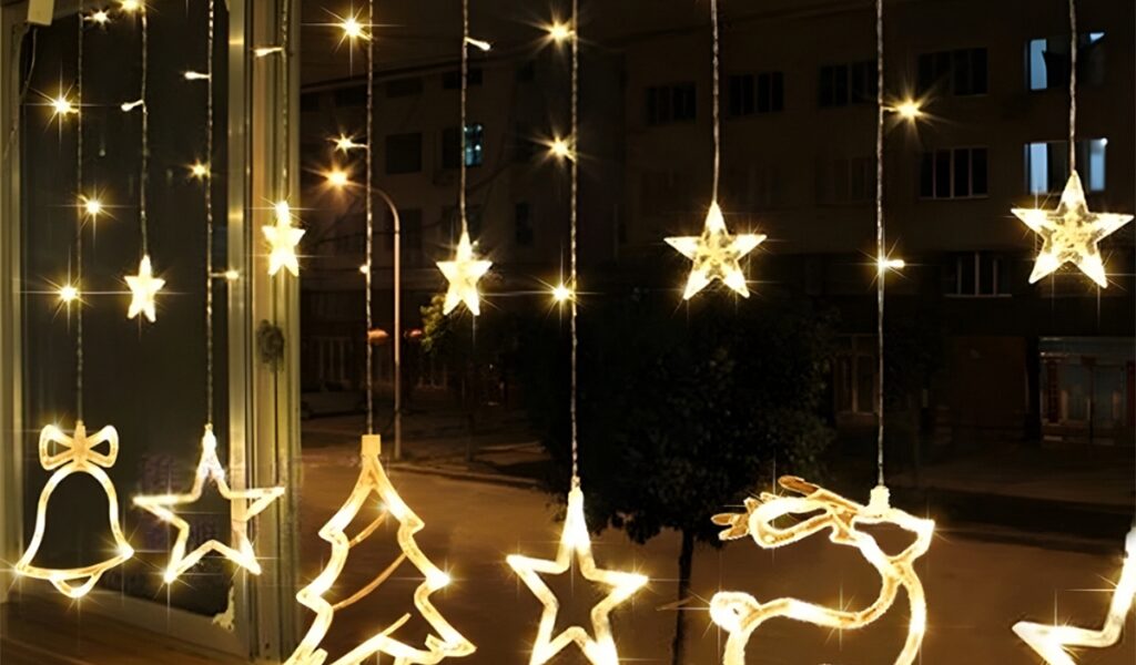 Decoração De Natal Pisca Pisca E Cascata Cordão De Luzes LED Estrelas Cortinas De Luz Enfeites Para Árvore de Natal