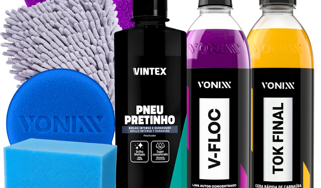 Kit Para Lavar Moto Pneu Pretinho Shampoo V-Floc Cera Tok Final Carnauba Vonixx 500ML Luva e Pano Microfibra