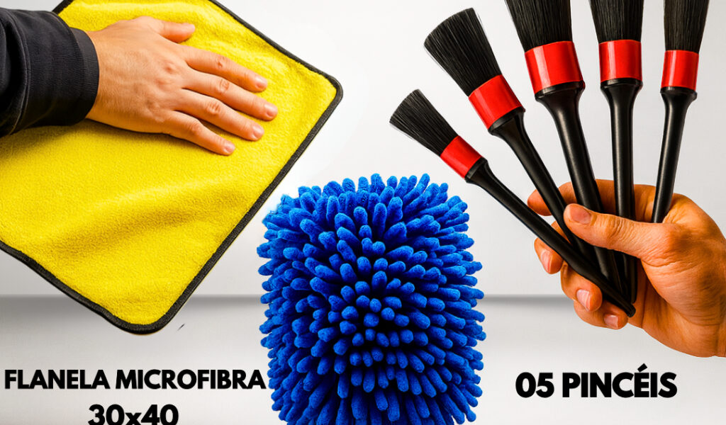 Kit de Lavagem Automotiva Flanela de Microfibra 30x40cm + Luva Microfibra + 05 Pincel Detalhamento