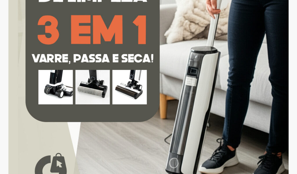 Máquina de limpeza 3 em 1 aspirar, lavar e secar Bivolt motor de tração bateria extra grande inclui balde de autolimpeza