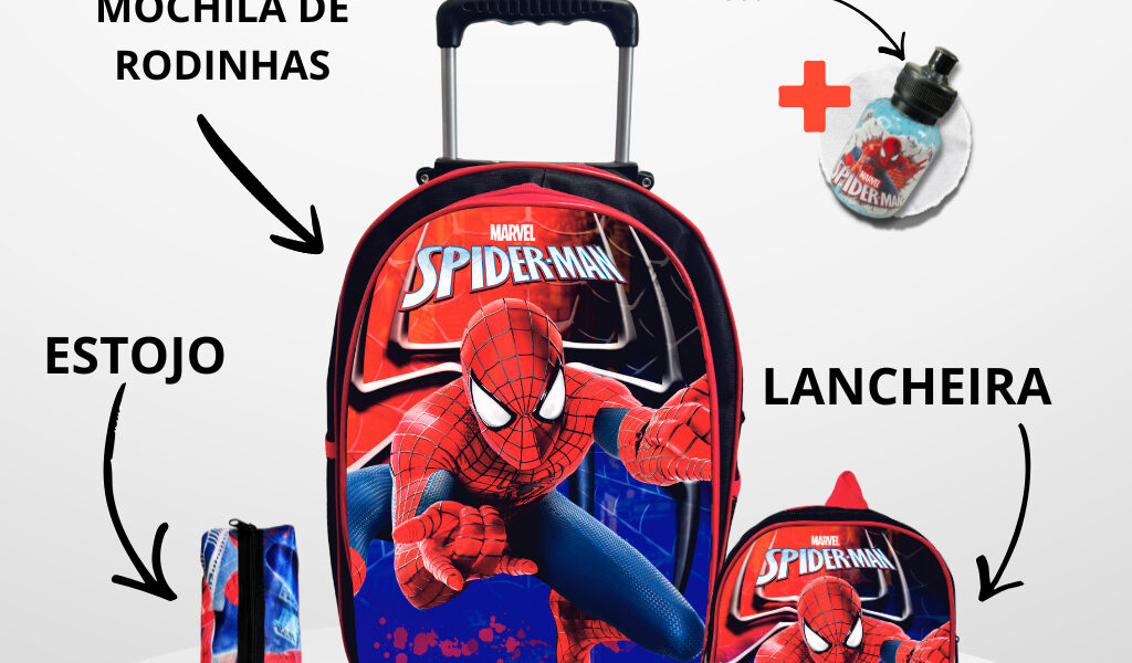 Kit Mochila Lancheira Infantil de Rodinhas Homem Aranha