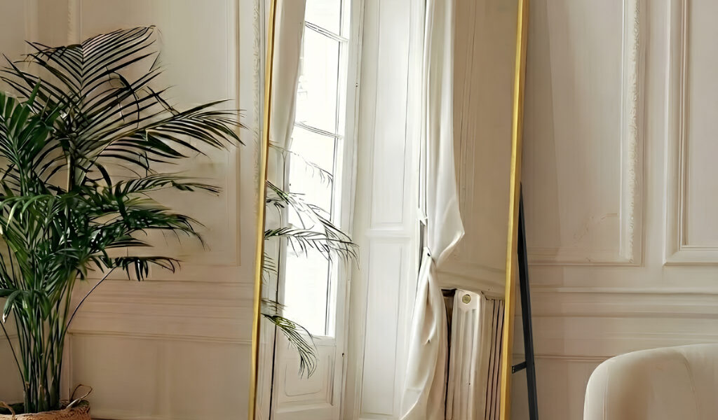 Espelho Grande Oval com Base Reta 170x70 Corpo Inteiro com Suporte de Chão Moldura de Alumínio