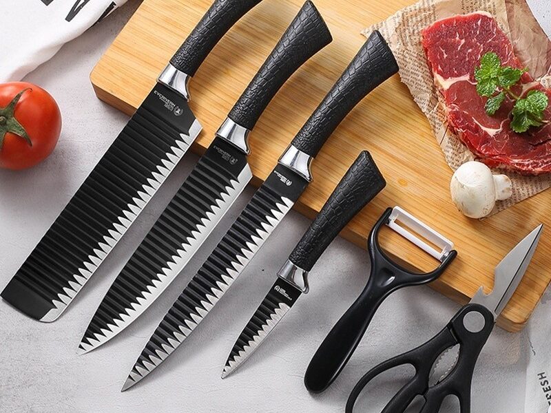 Kit 6 Peças Conjunto de Faca Carne Cutelo Legumes Aço Carbono Descascador Tesoura Profissional