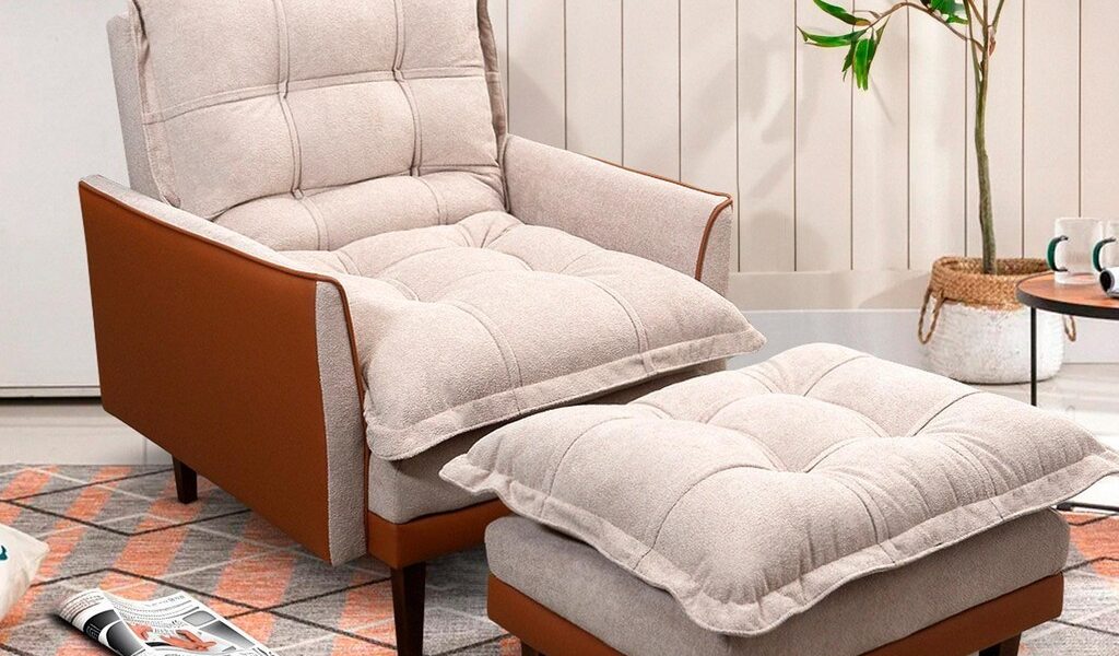 Poltrona Reclinável com Puff Catena Caramelo Bege - King House