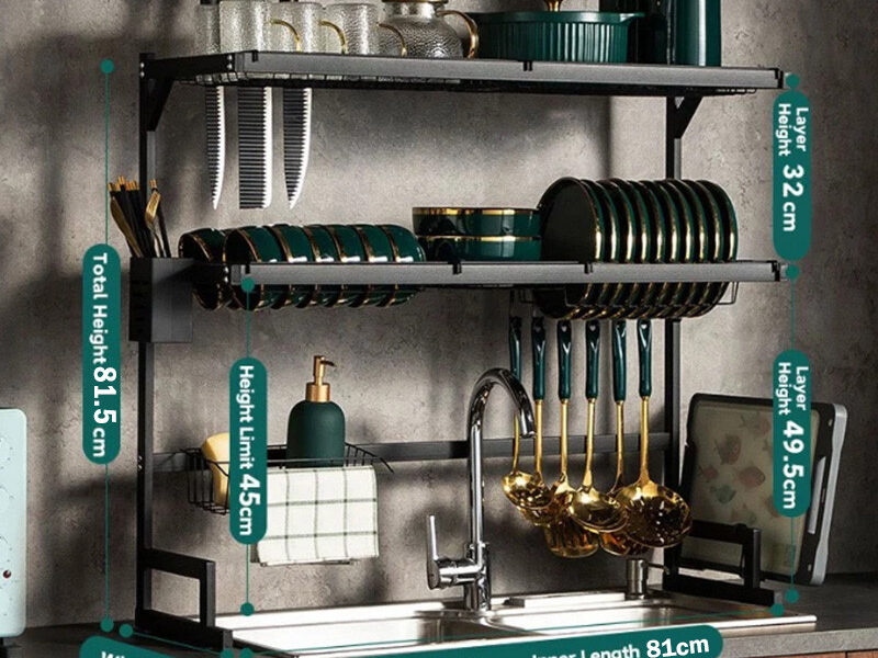 Escorredor Kitchen Rack Aço Inoxidável Preto 65cm/85cm Ajustável Organizador Louça Suspenso Modular Autossustentável