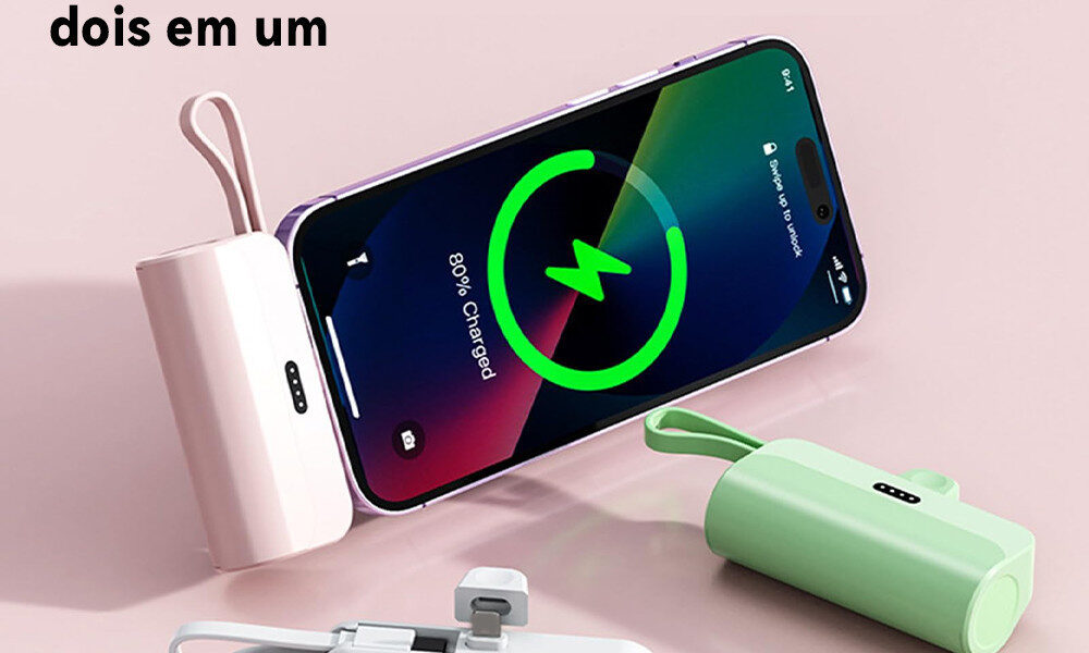 Carregador 2em1 Portátil: Bateria 10000mAh + Base Sem Fio para iPhone e Android Tipo-C