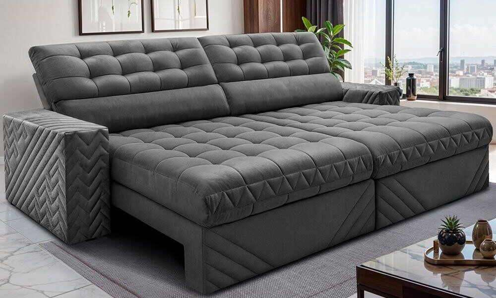 Sofá Retrátil e Reclinável 3,00m Molas Ensacadas Max Spring. Velusoft Cama inBox