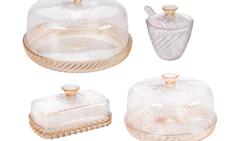 Kit Queijeira Boleira Açucareiro Manteigueira Amarelo e Incolor Twist Mesa Posta 4 Peças Plasútil