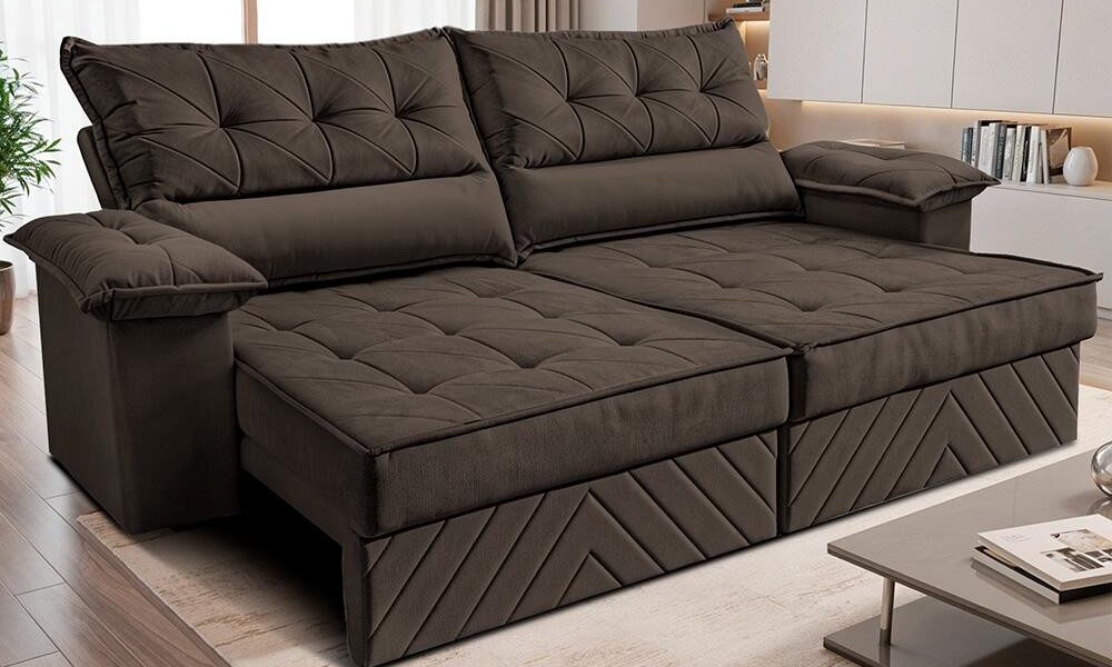 Sofá Retrátil e Reclinável 2,40m com Molas e Espuma D33 Thunder. Velusoft Cama inBox