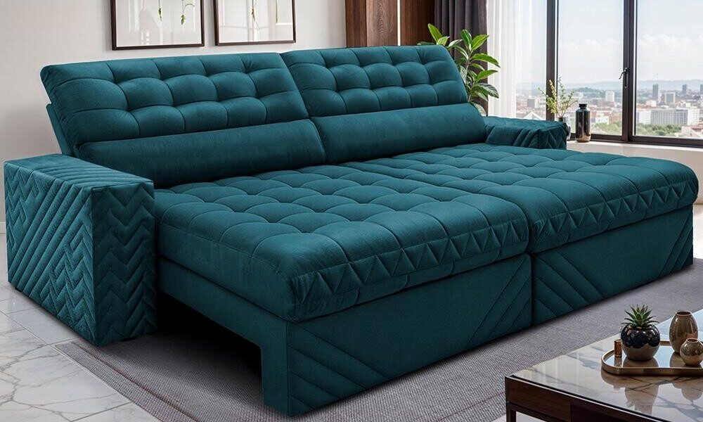 Sofá Retrátil e Reclinável 2,30m Molas Ensacadas Max Spring. Velusoft Cama inBox