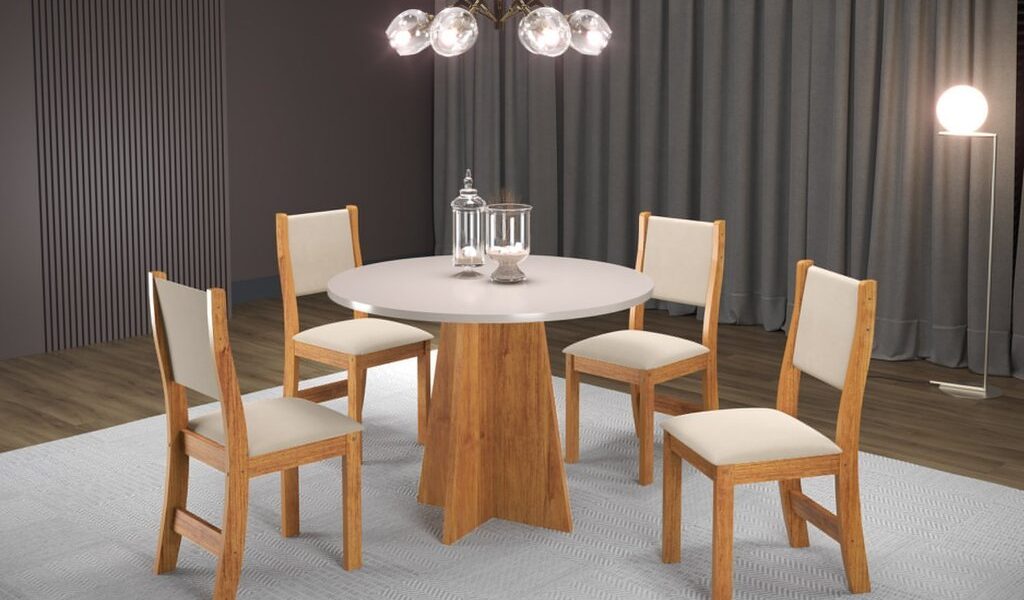Conjunto Sala de Jantar Mesa Chilli 90cm Tampo Redondo com 4 Cadeiras Sol Mel/Blonde/Bege
