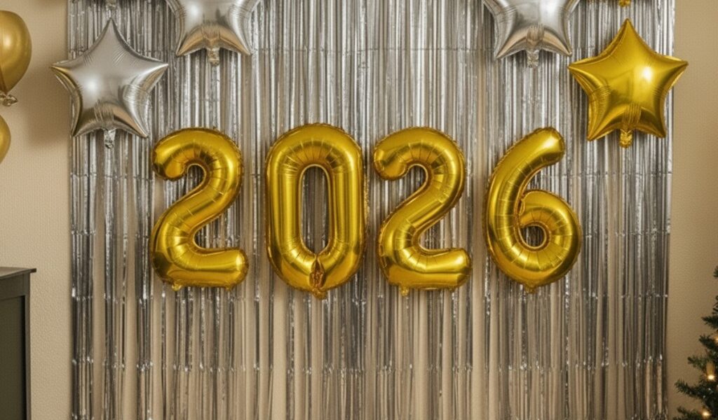 Kit Decoração 2026 Ano Novo 2 Cortinas Metalizadas 1x2m Toalha 6 Balões Estrela 10" Festas Eventos