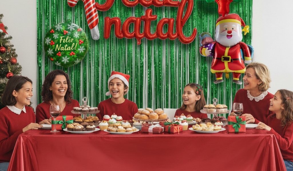 Kit Decoração de Natal Cortinas Toalha Mesa Balão Feliz Natal e 4 Balões Arvore Papai Noel Bengala e Balão Estrela