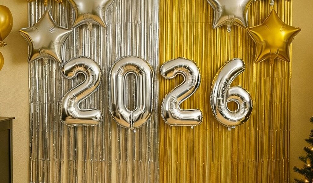 Kit Decoração 2026 Ano Novo 2 Cortinas Metalizadas 1x2m Toalha 6 Balões Estrela 10" Festas Eventos