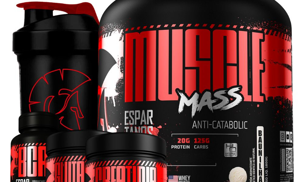 Kit Suplemento Hipercalórico Muscle Mass + Bcaa 3:1:1 + Creatina + Glutamina + Shaker - Espartanos