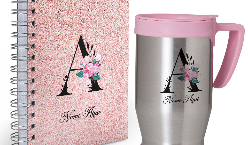 Kit Agenda 2026 + Caneca Iniciais Areia Rosa/Rosa Holográfico - Com Nome