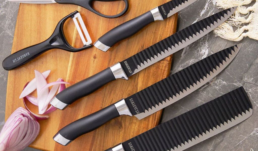 Kit 6 Peças Conjunto de Faca Churrasco Carne Legumes Descascador Tesoura Profissional