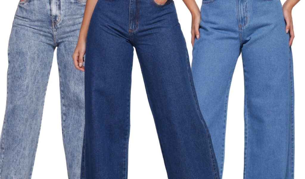 Calça Jeans Feminina Cintura Alta Wide Leg Com Bolso