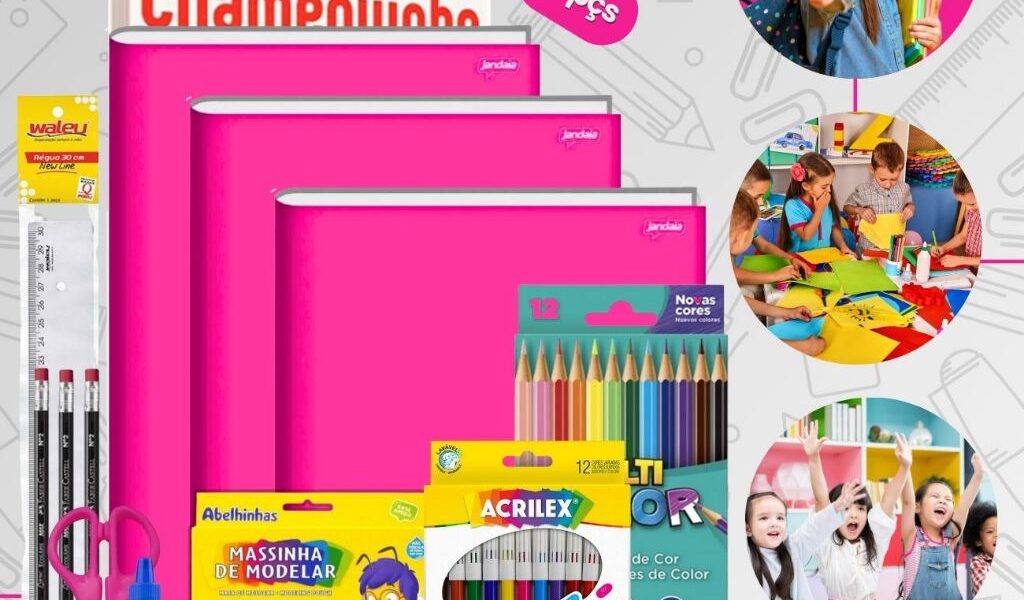 Kit Material Escolar Econômico Volta As Aulas 60 peças Ensino Fundamental Faber Acrilex Chamequinho