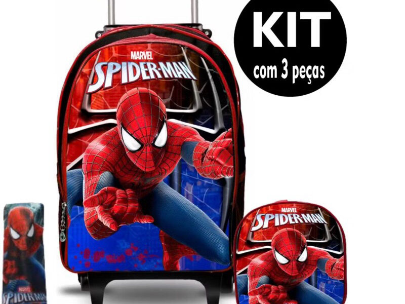 kit mochila escolar infantil homem aranha lancheira e estojo com rodinhas