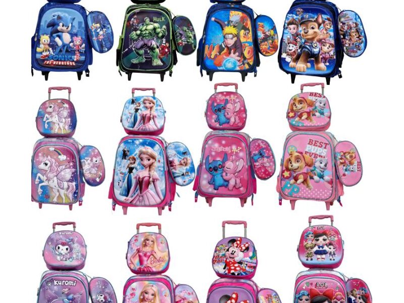 mochila escolar com carrinho para menina e menino kit três peças com lancheira e estojo impermeável com desenhos