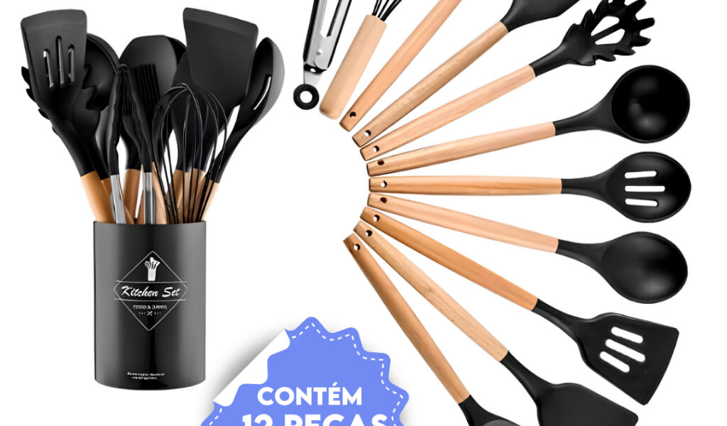Kit Utensílios de Cozinha Com 5/12 Peças em Silicone com Cabo de Madeira Completo - Mazzal