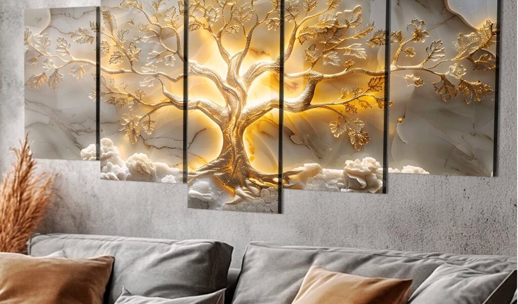 Quadros Decorativos Arte Árvore Da Vida Ouro Sala Quarto Mosaico 5 Peças