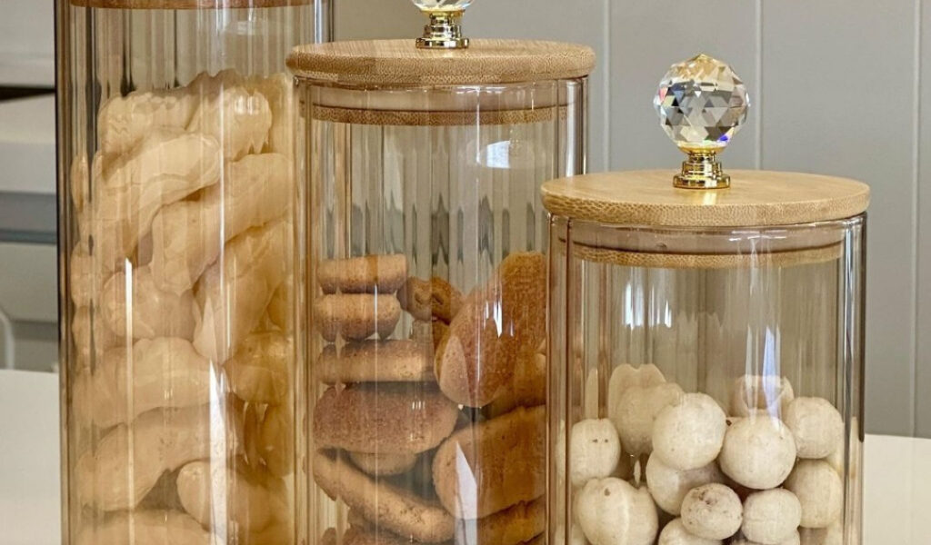 Kit Potes Vidro CANELADO ÂMBAR CRISTAL Porta Mantimentos cozinha Tampa Bambu Argola Dourada PMG porta tempero