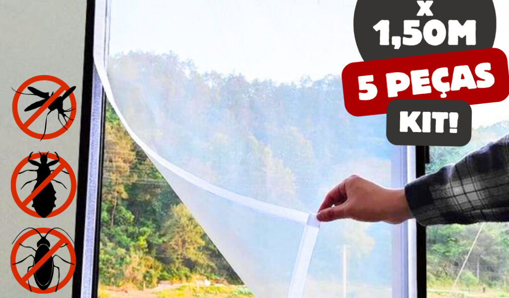 Kit 5 Tela Mosquiteiro Janela 130x150cm com Fecho de Contato e Fita Dupla Face Mosquitos e Insetos