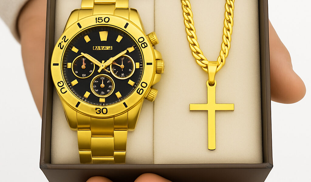 Kit Relógio Masculino Aço Inox + Corrente Cruz e Pulseira – Presente Masculino Luxo Prata Original