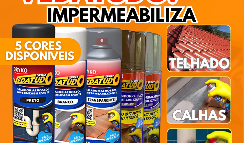 Kit 2 Vedatudo Spray Impermeabilizante 400ml 100ml Dryko Emborrachado Reparos Vazamentos Preto Branco Incolor