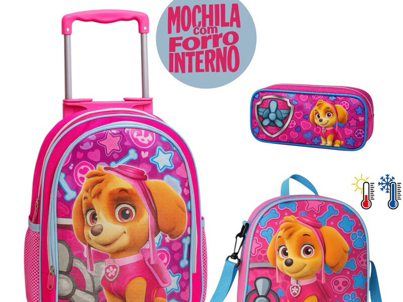 Kit Mochila Patrulha Canina Skye Rodinhas + Lancheira Térmica + Estojo