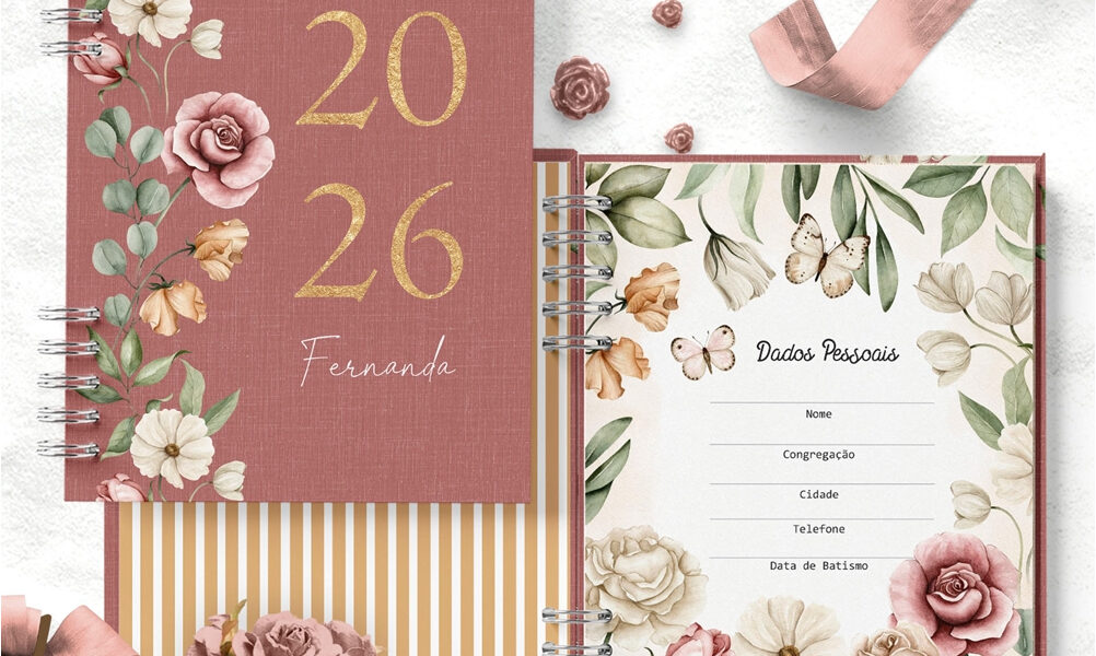 Agenda 2026 DATADA, personalizada COM O NOME DO COMPRADOR, folhas decoradas, A5, 2 dias por página