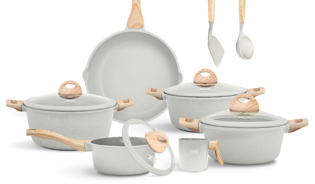 Jogo de Panelas 5 Peças Indução Gás Conjunto de Panelas Revestido em Cerâmica Granito Antiaderente Frigideira Caçarola