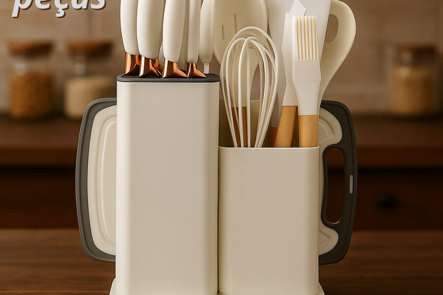 Conjunto de Utensílios de Silicone com Cabo de Madeira e Kit de Facas com Tábua 19peças