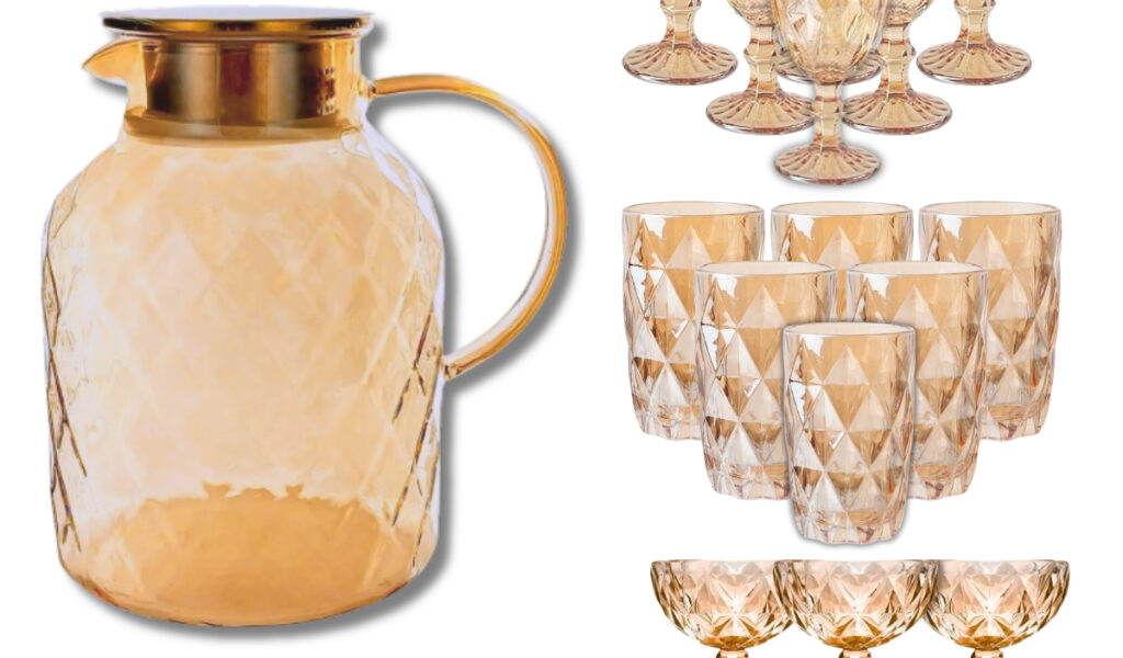 KIT COMPLETO Jarra Diamond 1.5L 6 Taças 320ML 6 Copos 390ML 6 Taças de sobremesa Presente casamento