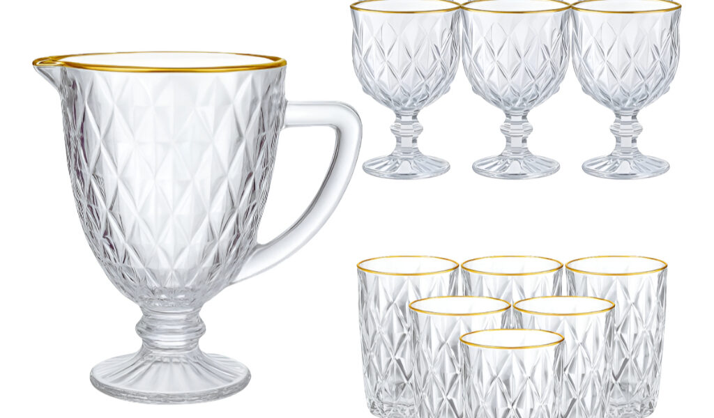 KIT COMPLETO Diamond com borda dourada jarra 1L, 6 Taças 340ML, 6 Copos 370ML