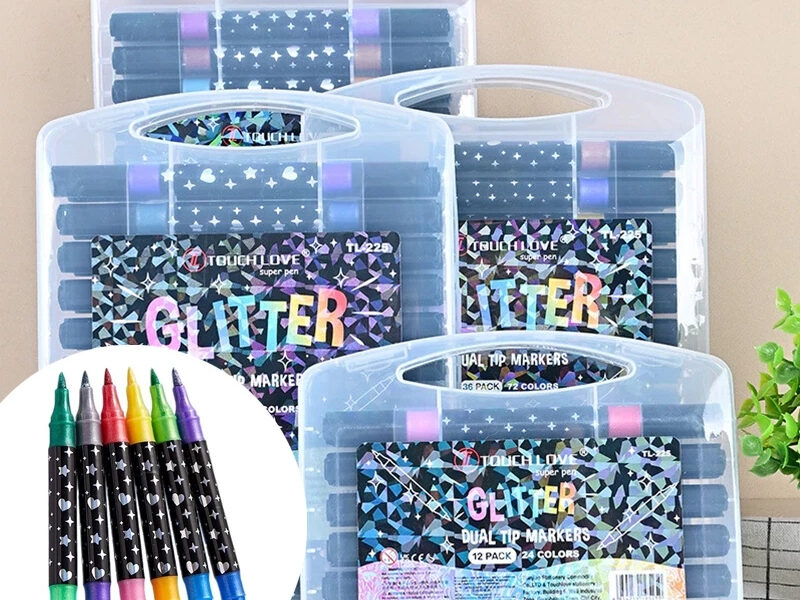 Caneta Marcadora acrílica Glitter Metalizada Ponta Dupla para Colorir Brilhante 24/48/72/96 Cores