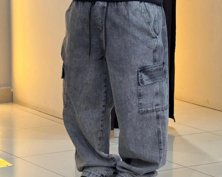 Calça Cargo Jeans larga masculina feminina 5 bolsos Preto Estonado moda street skate