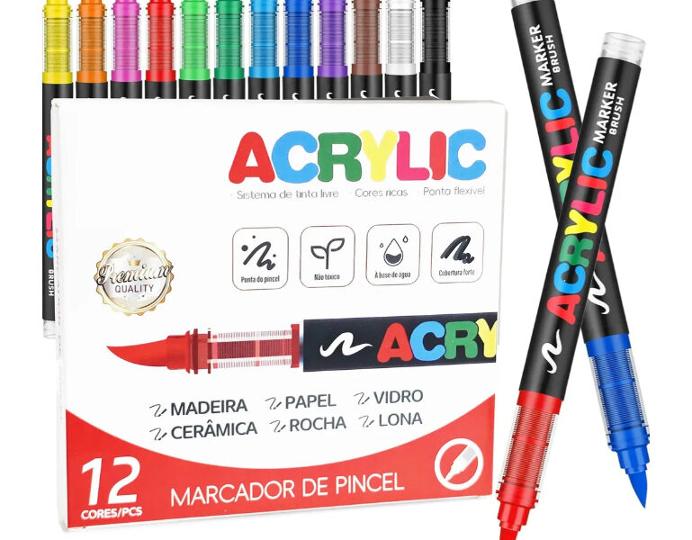 Kit 12 Canetas Marcador Acrílico Permanente Colorida Brush