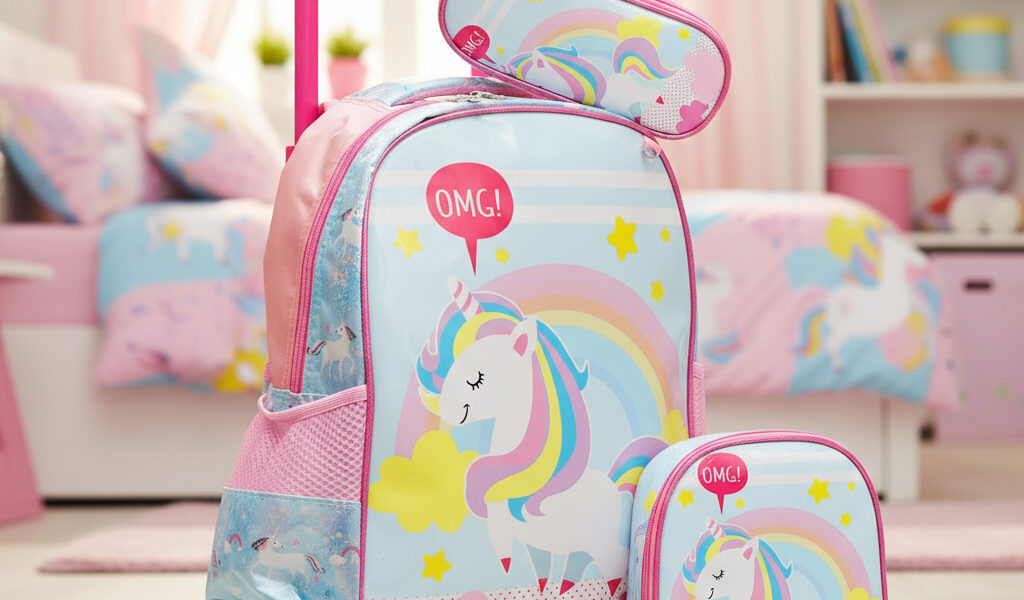 Kit Escolar Unicórnio 3 Peças Mochila de Rodinhas + Lancheira + Estojo Infantil Rosa