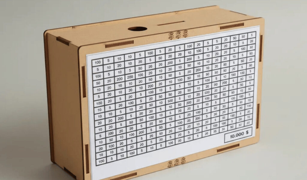 Cofre Cofrinho Desafio 10Mil Poupança Metodo Japones - Madeira MDF - 21x14x7cm