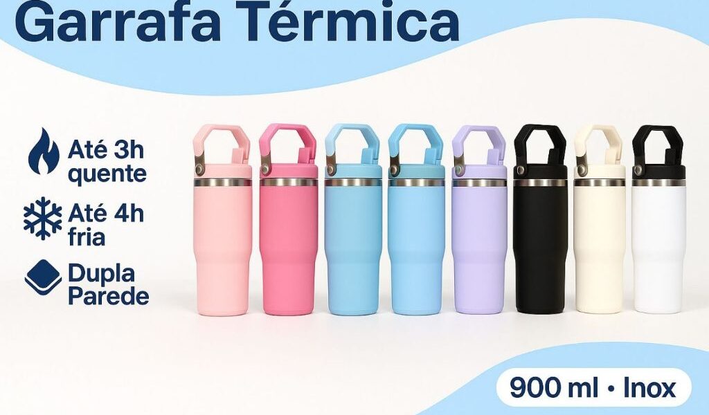 Garrafa Térmica Inox 900ml com Alça | Tampa Flip Vedada | Conserva Bebidas Quentes e Frias por Horas