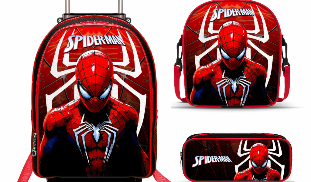 Kit Mochila Escolar Aranha com Lancheira TÉRMICA e Estojo BOX - Rodinha - Menino - Masculino