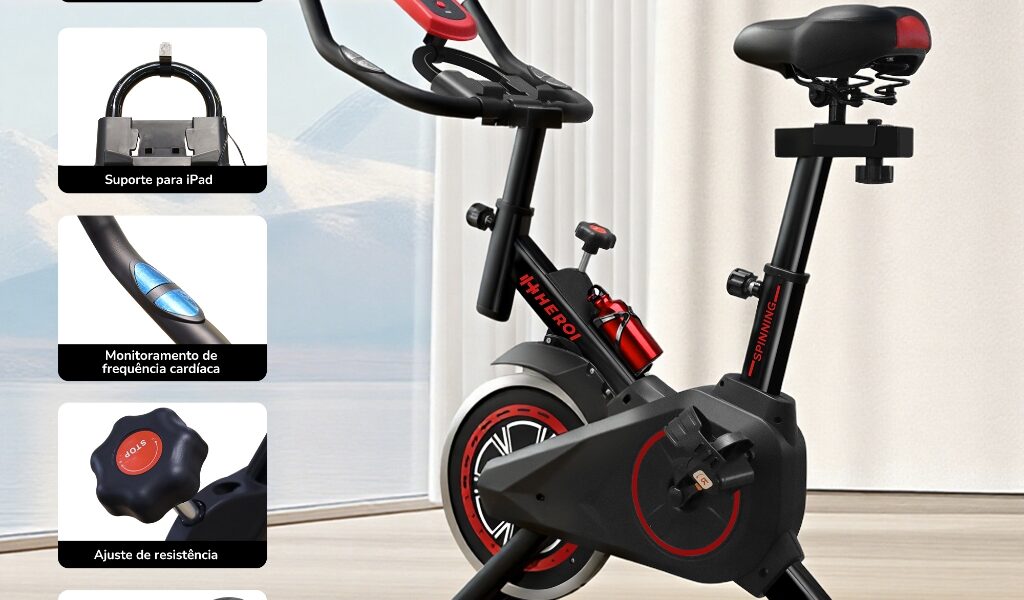 HEROI Bicicleta Ergométrica Spinning, Volante 4kg, LCD, Resistência Ajustável - Preta/Vermelha