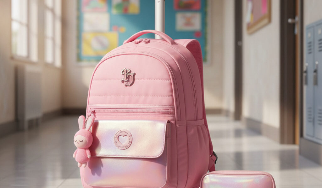 Kit Mochila 4 Rodinhas Estojo Grande Menina Escolar Chaveiro Volta as Aulas Premium