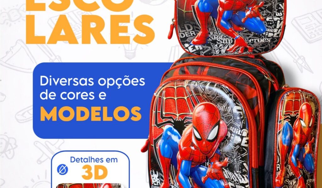 Kit 3 Pecas Mochila Escolar De Rodinhas Infantil 3d Stitch Sonic Homem Aranha Menino Menina